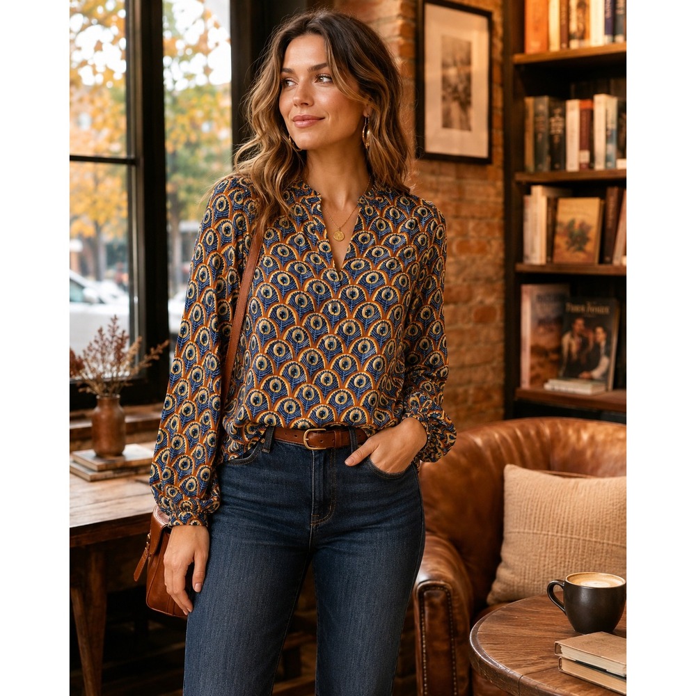 Peacock Feather Blouse Boho Retro Art Deco Fall Top Festival Chic Top Shirt Sz L